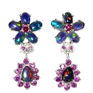 Natural Black Opal‎ 7x5mm & Rhodolite 925 Sterling Silver Earrings
